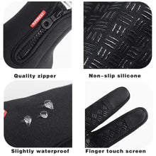 Load image into Gallery viewer, Features of Waterproof Outdoor Sports Gloves: quality zipper, non-slip silicone, slightly waterproof, and touchscreen compatibility.