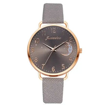 Cargar imagen en el visor de la galería, Women's watch with moon-phase dial, gold case, and gray strap from the Moon Bracelet & Watch Set, offering elegance and sophistication.