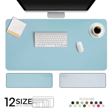 Load image into Gallery viewer, Stylish leather suede desk mat in blue with keyboard and coffee cup, available in 12 sizes and 15 colors for workspace enhancement.