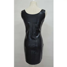 Load image into Gallery viewer, Back view of a black wetlook PU faux leather women's lingerie dress on a mannequin, showcasing tank-style sleeves and sleek design.