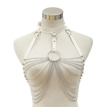 Cargar imagen en el visor de la galería, Goth leather body harness chain bra with intricate design on mannequin, featuring silver chains and bold style for edgy fashion.