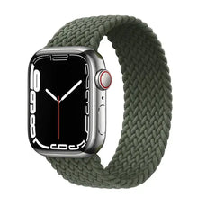 Load image into Gallery viewer, Green nylon elastic strap for Apple Watch, compatible with Series SE, 7, 6, 5, 4, 3 in sizes 38mm to 45mm.