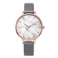 Load image into Gallery viewer, Rose gold women's fashion watch with marble face and grey strap, elegant and sophisticated timepiece.