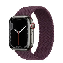 Load image into Gallery viewer, Purple nylon elastic loop band for Apple Watch Series 7, compatible with sizes 38mm to 45mm, shown on watch face with red accent.