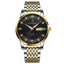Load image into Gallery viewer, Men's stainless steel watch with black and gold face, date display, and elegant design.