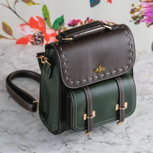 Cargar imagen en el visor de la galería, Bumblebee vegan leather backpack with sleek design and multiple compartments, ideal for stylish professionals. Brown and green finish.