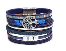 Cargar imagen en el visor de la galería, Blue vegan leather charm bracelet with pearls, Life of Trees design, and magnet buckle, perfect for summer boho-chic style.