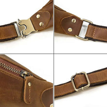 Load image into Gallery viewer, Close-up of Wagner Leather Waist Bag | Full Grain Leather Fanny Pack showing buckle, zipper, and stitching details.
