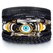 Load image into Gallery viewer, Multilayer leather bracelet with eye charm, featuring black and gold accents, ideal for adding rugged elegance and style.