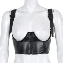 Load image into Gallery viewer, Gothic punk PU leather crop top with buckle and zipper details, featuring a unique suspenders strap design.