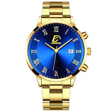 Load image into Gallery viewer, Elegant blue dial gold men's watch with Roman numerals and date feature, showcasing minimalist design and sophistication.