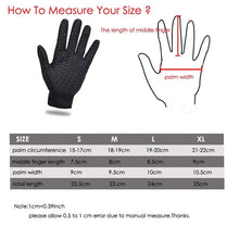 Load image into Gallery viewer, Size chart for touchscreen compatible unisex gloves with measurements for palm width, finger length, and circumference in various sizes.