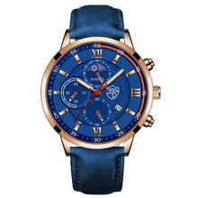 Load image into Gallery viewer, Men's casual leather watch with blue dial and strap, featuring gold-tone accents and chronograph details for timeless elegance.