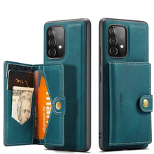Cargar imagen en el visor de la galería, Teal vegan leather wallet case for Samsung Galaxy with card slots and magnetic closure, showcasing style and functionality.
