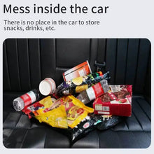 Load image into Gallery viewer, Cluttered car backseat with snacks and drinks, illustrating the need for extra car storage solutions.