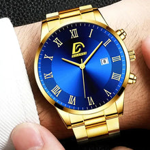 Load image into Gallery viewer, Stylish minimalist men's watch with blue dial and gold strap, featuring Roman numerals for a sleek, elegant look.