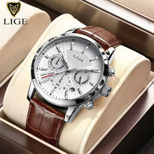 Load image into Gallery viewer, LIGE 2023 Men's Luxury Quartz Watch with Brown Vegan Leather Strap, Chronograph Sub-dials, in Original Box