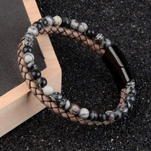 Load image into Gallery viewer, Natural stone and genuine leather bracelet with elegant design, enhances style with sophistication. Perfect fashion accessory.