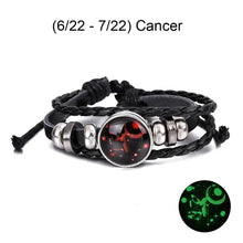 Load image into Gallery viewer, Cancer zodiac sign leather bracelet, stylish astrological charm with glow-in-the-dark feature, perfect for personalized style.