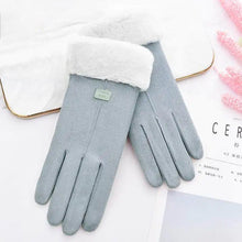 Cargar imagen en el visor de la galería, Winter thick plush gloves in gray with white fur lining, perfect for warmth and comfort during cold months.