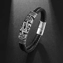 Cargar imagen en el visor de la galería, Classic hand woven multi-layered vegan leather bracelet with intricate alloy design, sleek black, perfect for parties and events.