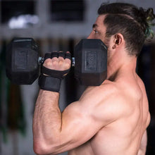 Load image into Gallery viewer, Man lifting dumbbell with weightlifting training gloves featuring enhanced grip for improved stability and control during workouts.