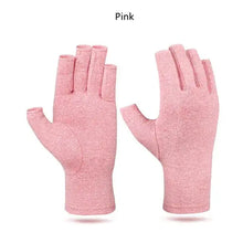Load image into Gallery viewer, Pink compression arthritis gloves for joint pain relief and support, made of soft cotton. Perfect for daily activities.