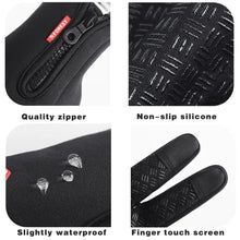 Load image into Gallery viewer, Close-up of thermal waterproof gloves with quality zipper, non-slip silicone, slightly waterproof fabric, and finger touch screen compatibility.