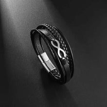 Cargar imagen en el visor de la galería, Classic hand woven multi-layered vegan leather bracelet with sleek black design and infinity charm, men's accessory for style and sophistication.