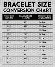 Load image into Gallery viewer, Bracelet size conversion chart showing wrist and bracelet sizes in inches and centimeters for accurate fitting.
