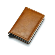 Load image into Gallery viewer, Vegan leather credit card holder for men with RFID-blocking feature, showcasing a sleek and minimalist design in brown.
