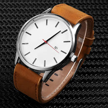 Cargar imagen en el visor de la galería, Leather Quartz Watch with vegan leather strap and silver casing, showcasing minimalist white dial for timeless elegance and style.
