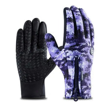 Load image into Gallery viewer, Purple camouflage winter cycling gloves with black grip palms for outdoor sports.