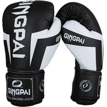 Load image into Gallery viewer, Premium black and white boxing gloves with Gingpai logo, designed for superior comfort and protection during training and sparring sessions.