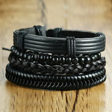 Cargar imagen en el visor de la galería, Vnox 4-piece braided leather wrap bracelets set with zinc alloy accents, vegan leather, rugged lace-up clasp design, imported.