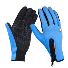 Load image into Gallery viewer, Blue touchscreen compatible unisex gloves with black grip and zipper, designed for smartphone use in cold weather.