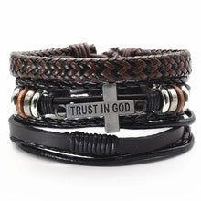 Load image into Gallery viewer, Men's leather bracelets with "Trust in God" inscription, stylish brown and black bangles for rugged sophistication.