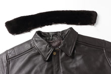 Charger l'image dans la galerie, brown leather jacket collar with a matching brown shearling-style fur neck warmer strap, displayed on a white background.