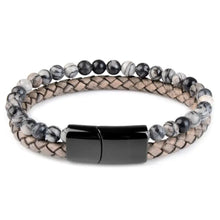 Load image into Gallery viewer, Genuine leather bracelet with natural stone accents featuring a black clasp, combining luxury and elegance in fashion accessories.