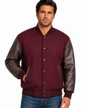 Cargar imagen en el visor de la galería, REED Men's Premium burgundy Varsity Leather Wool Jacket, stylish and warm, made in USA