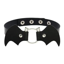Load image into Gallery viewer, Black leather choker with bat wing design and central ring, featuring adjustable snap buttons.