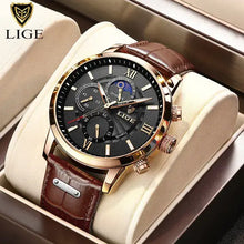 Load image into Gallery viewer, 2023 LIGE men's luxury quartz watch with vegan leather strap, featuring chronograph sub-dials, in elegant packaging, perfect for gifts.