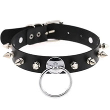 Load image into Gallery viewer, Black leather choker necklace with silver studs and round pendant in modern design.