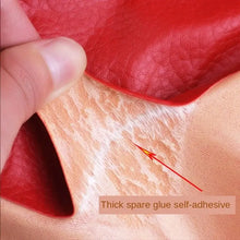 Load image into Gallery viewer, Red vegan leather repair patch with self-adhesive backing, perfect for restoring furniture and covering scratches.