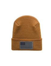 Load image into Gallery viewer, American Flag Beanie - H-Stitch Circular Knit Cuffed Beanie - Patented Design and Made in USA, shown in brown with flag patch.