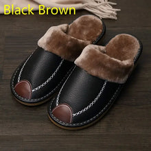 Load image into Gallery viewer, Men's warm vegan leather slippers in black and brown with cozy fur lining, featuring durable sole for comfort and style.