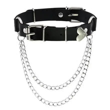 Load image into Gallery viewer, Black leather choker necklace with heart detail and silver chains, edgy fashion accessory.