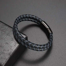 Cargar imagen en el visor de la galería, Classic hand woven multi-layered black vegan leather bracelet for men. Stylish imported accessory for elegance and sophistication.