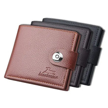 Charger l'image dans la galerie, Men's retro woven pattern leather wallets in brown, grey, and black, featuring a stylish design with a secure button closure.