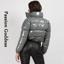 Load image into Gallery viewer, Back view of a shiny grey PU leather winter jacket, showcasing glossy vegan leather finish and stylish design.